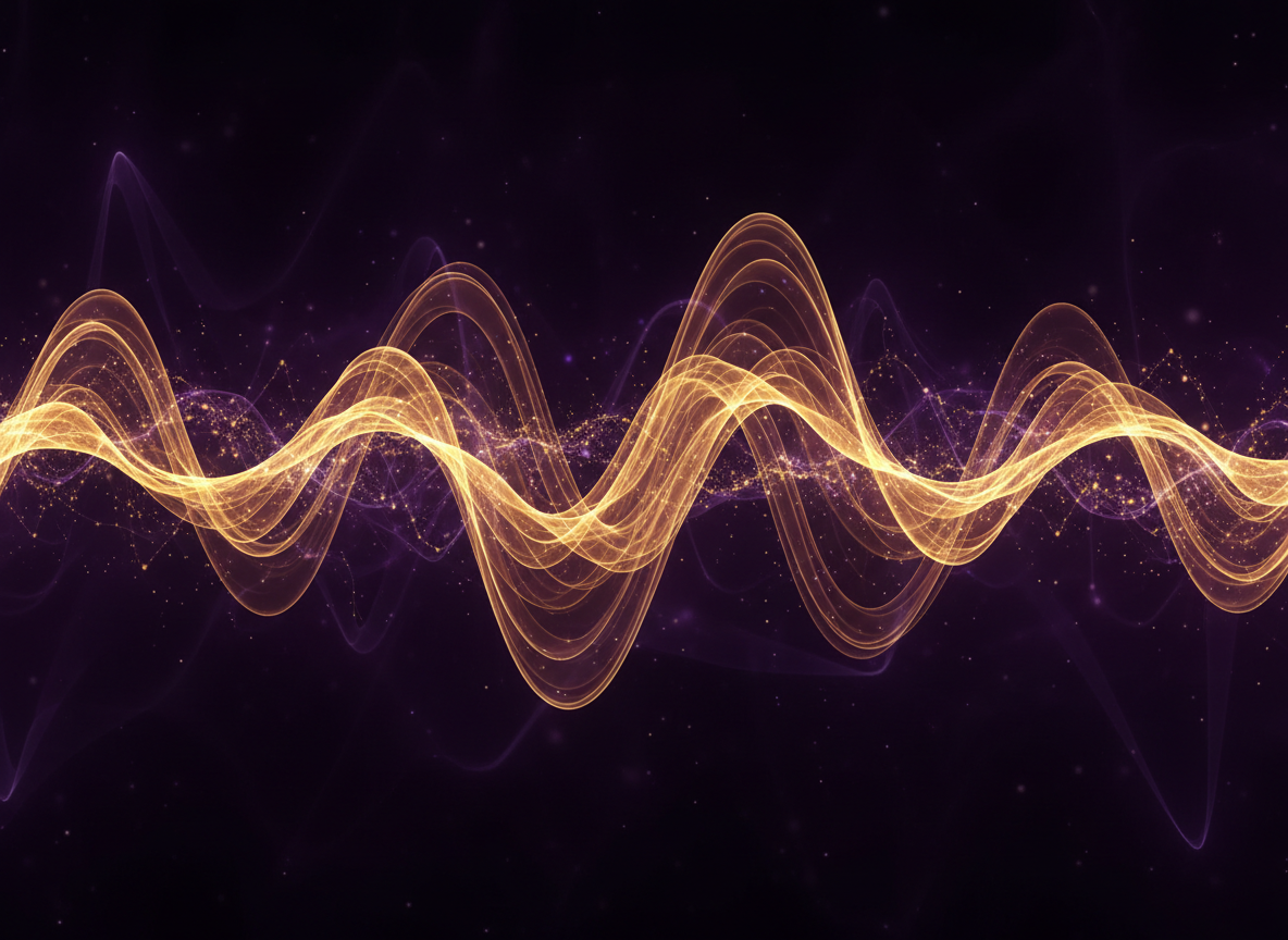 Abstract scientific visualization of sound frequency waves and electromagnetic resonance, glowing golden waveforms against deep dark purple background