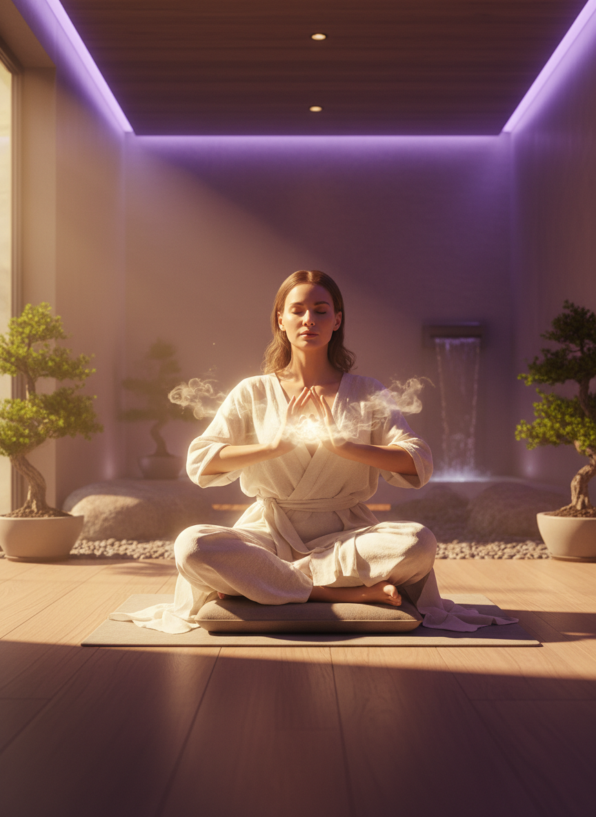 Person meditating in serene calm, warm golden light, soft purple ambient tones, peaceful spiritual atmosphere